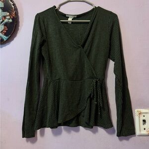 Caution To The Wind Dark Green Black stripe Ribbed Wrap Peplum Babydoll Top